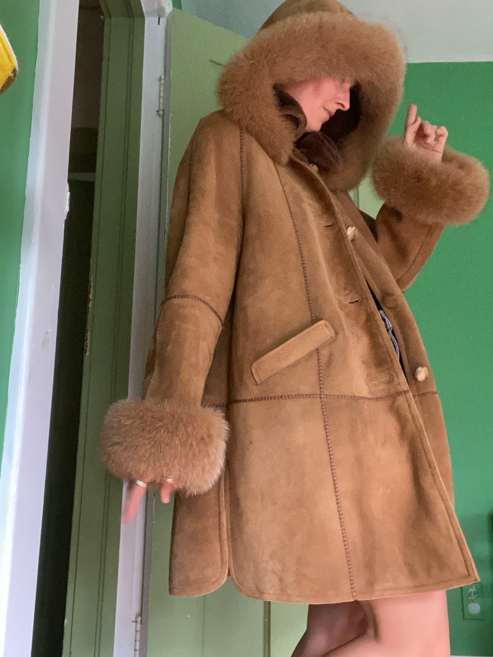 Y2K Toppolino genuine Shearling leather fur Hooded Coat Camel